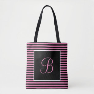 Custom Large Initial Pink and Black Striped  Tote Bag