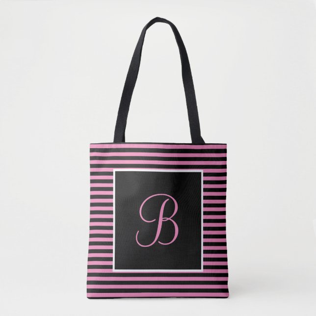 Custom Large Initial Pink and Black Striped  Tote Bag (Front)