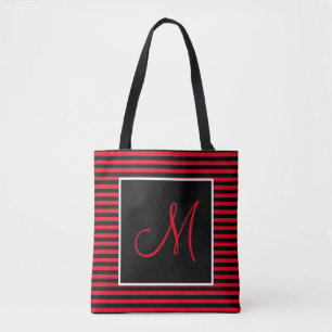Custom Large Initial Red and Black Striped Tote Bag