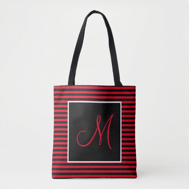 Custom Large Initial Red and Black Striped  Tote Bag (Front)