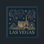 Custom Las Vegas Skyline Gold Line Art Vintage 15 Cm Square Badge<br><div class="desc">This art illustrates the Las Vegas Strip skyline in a refined gold line art style, set against a deep navy background with bright fireworks celebrating the city’s nightlife and entertainment. Iconic landmarks such as the Luxor Pyramid, Paris Las Vegas Eiffel Tower replica, Mandalay Bay resort, and the High Roller Ferris...</div>
