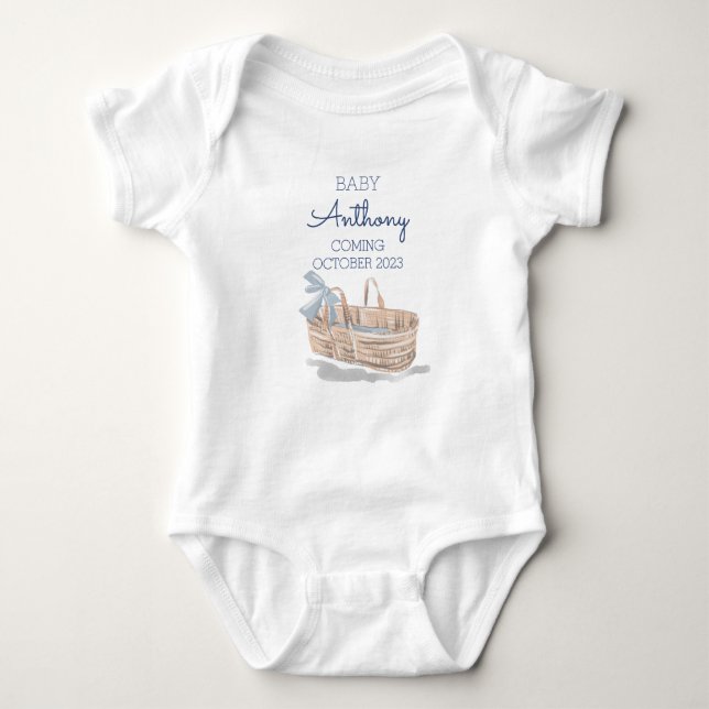 Custom Last Name Announcement Baby Boy Basket Bodysuit (Front)