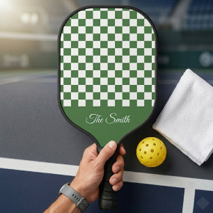 Custom Last Name Green Chequerboard Pickleball Paddle