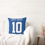 Custom Last Name Number Blue Sports Jersey  Cushion<br><div class="desc">Name,  number and drop shadow are customisable so you can make a sporty,  decorative and useful throw pillow unique and matching to your favourite sport team colours or room decor. Blue background.</div>