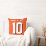 Custom Last Name Number Orange Sports Jersey  Cushion<br><div class="desc">Name,  number and drop shadow are customisable so you can make a sporty,  decorative and useful throw pillow unique and matching to your favourite sport team colours or room decor. Orange background.</div>