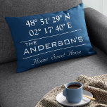 Custom Latitude Longitude Family Name Home Address Decorative Cushion<br><div class="desc">Latitude Longitude Home Decor. A unique way to showcase the location of your home. Customise it with any background colour. Perfect gift for Housewarming. To find latitude and longitude of your home,  please copy and paste this link to your browser and follow the instructions. https://support.google.com/maps/answer/18539?hl=en</div>