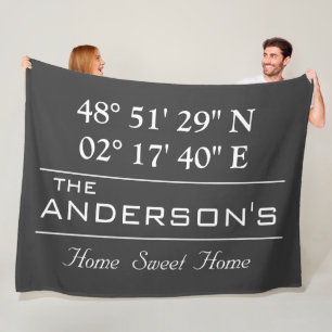 Custom Latitude Longitude Family Name Home Address Fleece Blanket