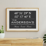 Custom Latitude Longitude Family Name Home Address Poster<br><div class="desc">Latitude Longitude Home Decor. A unique way to showcase the location of your home. Customize it with any background color. Perfect gift for Housewarming. To find latitude and longitude of your home,  please copy and paste this link to your browser and follow the instructions. https://support.google.com/maps/answer/18539?hl=en</div>