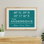 Custom Latitude Longitude Family Name Home Address Poster<br><div class="desc">Latitude Longitude Home Decor. A unique way to showcase the location of your home. Customise it with any background colour. Perfect gift for Housewarming. To find latitude and longitude of your home,  please copy and paste this link to your browser and follow the instructions. https://support.google.com/maps/answer/18539?hl=en</div>