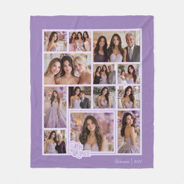 Custom Lavender 14 Photo Keepsake Quinceañera Flee Fleece Blanket (Front)