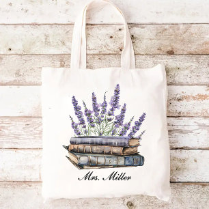 Custom Lavender Floral Book Tote Bag for Teacher