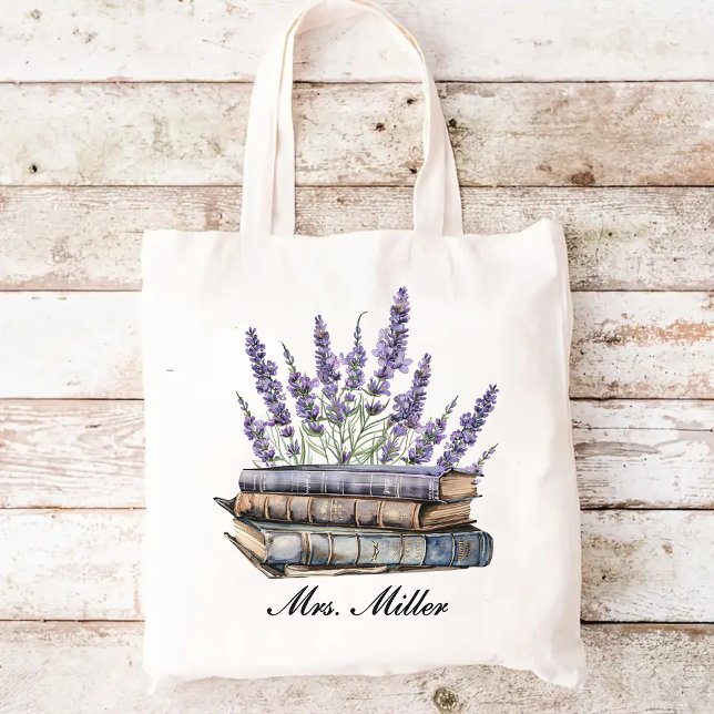 Custom Lavender Floral Book Tote Bag for Teacher (custom tote for teachers, teacher's book tote, back to school gift, teacher appreciation gift,)