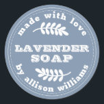 Custom Lavender Soap Vintage Blue Classic Round Sticker<br><div class="desc">Rustic and modern lavender soap sticker with the text made with love, lavender soap and your name in stylish white retro typography on a vintage blue background with a stylish touch of foliage and a vintage feel. Simply add your name and the product name to the label. Exclusively designed for...</div>