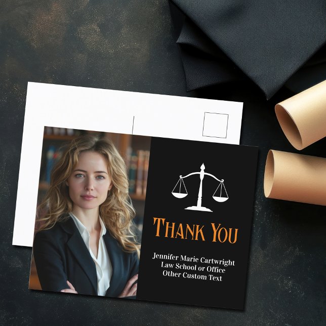 Custom Law School Black Orange Lawyer Thank You Postcard (Creator Uploaded)
