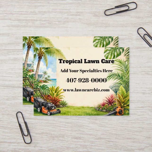 Custom Lawn Care Tropical Landscaping Business Card (Front/Back In Situ)