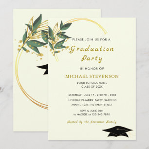 Custom Leaves Gold Graduation Invitation Template