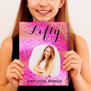 Custom Left-Handed Pink Glitter Sparkle Name Photo Notebook