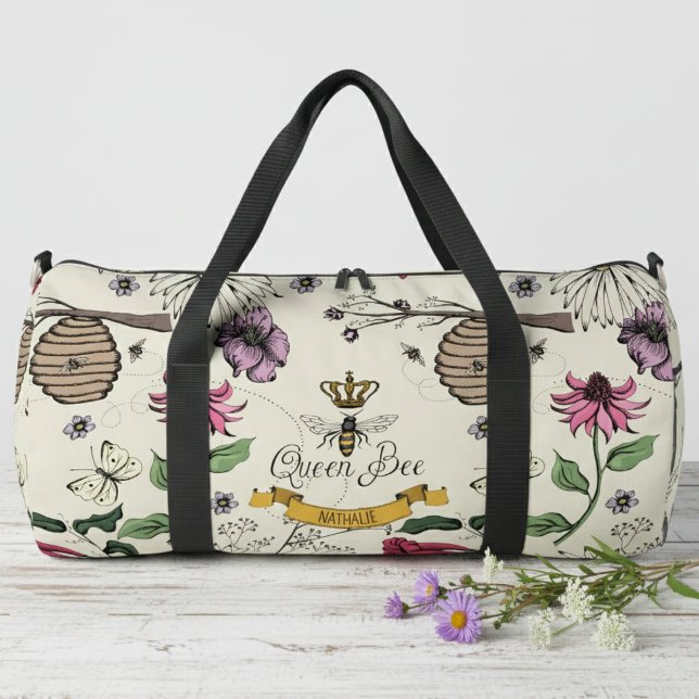 Custom Lemon Cream, Black & Gold Queen Bee & Crown Duffle Bag (Feminine Floral Queen Bee Duffle Bag for Her. Modern Bees, Honeybees, Beehive Insect Flower Pattern.)