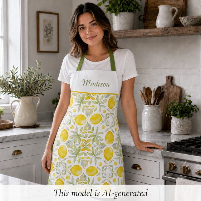 Custom Lemon Watercolor Pattern Apron (elegant watercolor mediterranean citrus lemon pattern apron with custom name monogram)