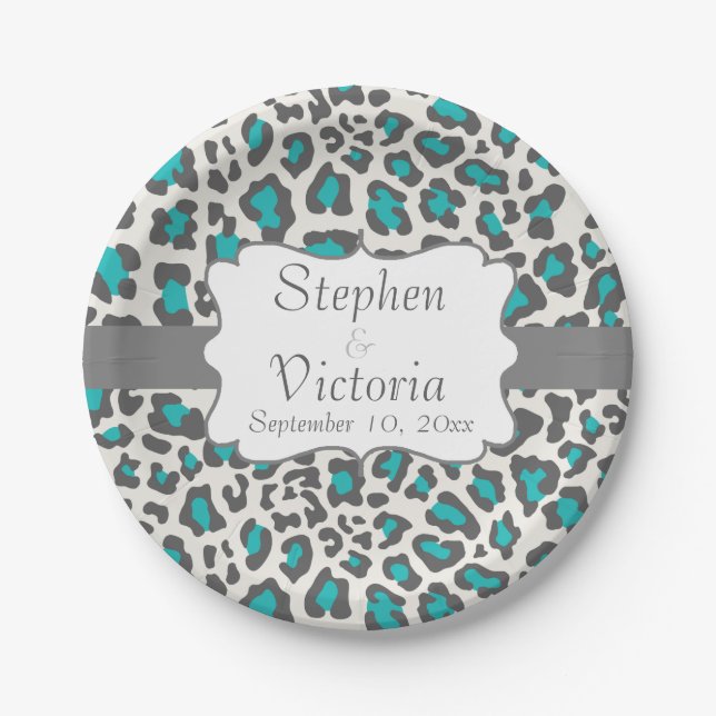 Custom Leopard Aqua, Grey, White Paper Plates (Front)