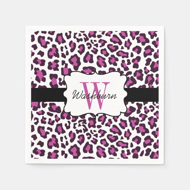 Custom Leopard Purple Black White Cocktail Napkin (Front)