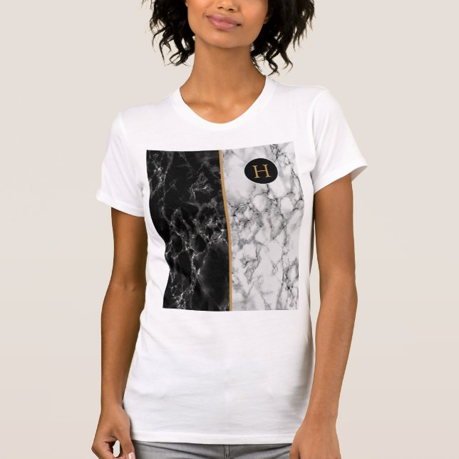 Custom Letter Black White Marble T-Shirt (Front)