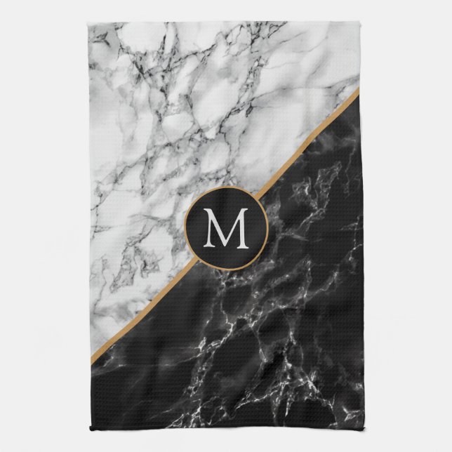 Custom Letter Kitchen Towel Black White Marble (Vertical)