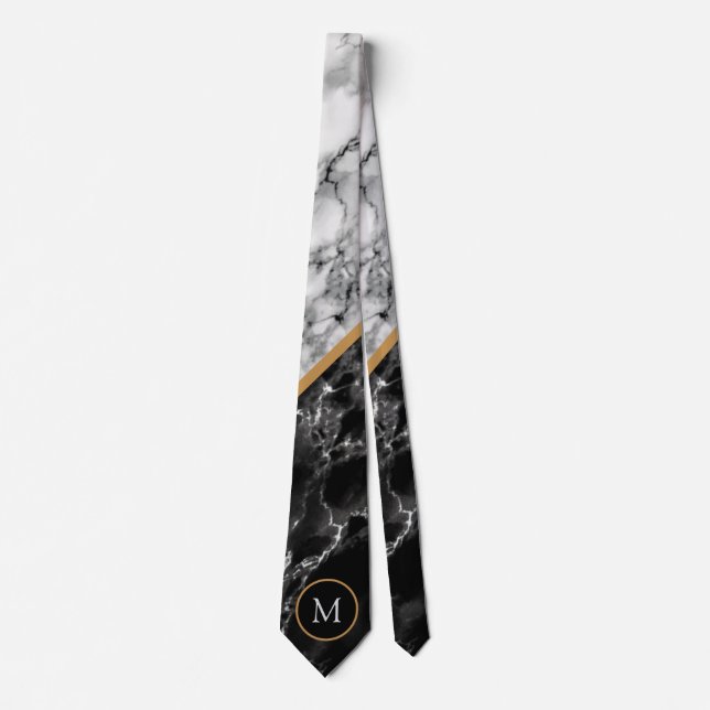 Custom Letter Neck Tie Black White Marble (Front)