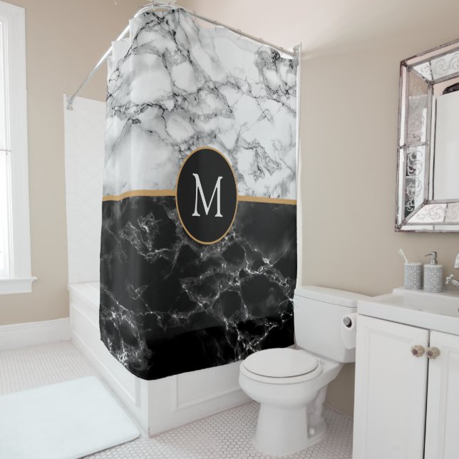 Custom Letter Shower Curtain Black White Marble (In Situ)
