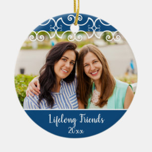 Custom Lifelong Friends 2-Sided Photo Christmas Ceramic Tree Decoration