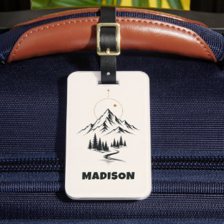 Custom Light Beige Black Trees Mountain Vacation Luggage Tag