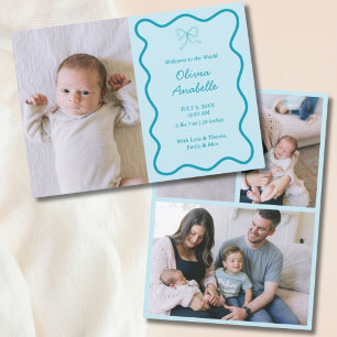 Custom Light Blue Bow Wavy Boho Collage Baby Birth Announcement