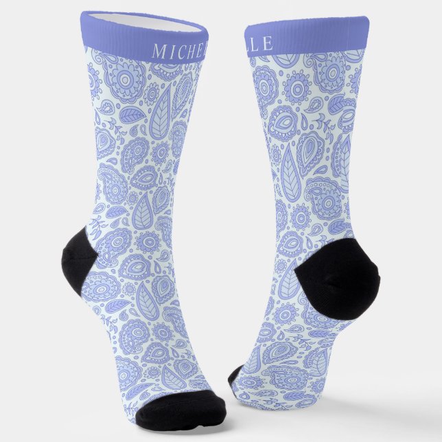 Custom Light Blue Bright Purple Paisley Pattern  Socks (Angled)