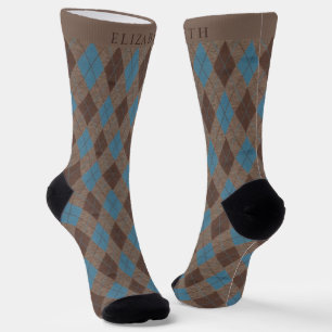 Custom Light Blue Dark Brown Grey Argyle Pattern Socks