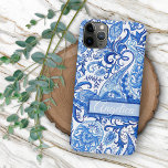 Custom Light Dark Blue White Floral Paisley Art iPhone 15 Pro Max Case<br><div class="desc">Contemporary stylish Dutch Delfts blue and white flowers paisley pattern motif on white background. With a banner to personalize or customize with a monogram or initial of your choice. Beautiful, modern, and cool cover for the trend-savvy and art-loving hip trendsetter, artsy motif lover who wants to protect their phone from...</div>