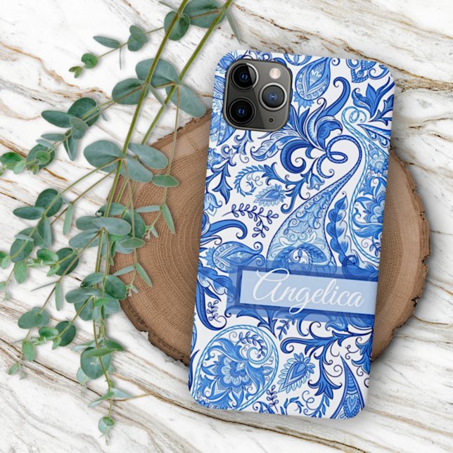 Custom Light Dark Blue White Floral Paisley Art iPhone Case (Creator Uploaded)