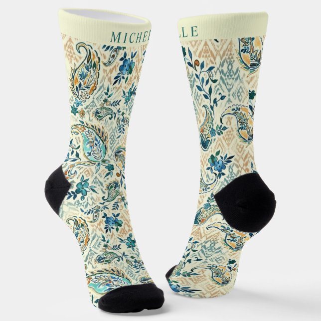 Custom Light Dark Blue White Paisley Pattern Socks (Angled)