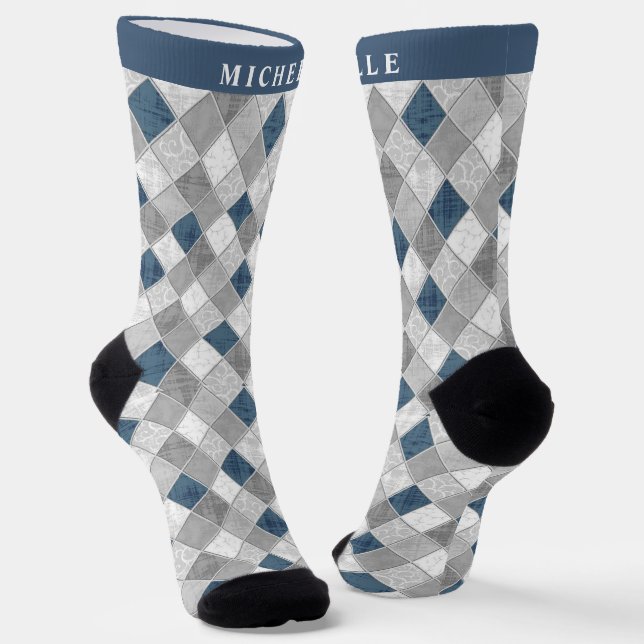 Custom Light Dark Grey Blue Marble Argyle Pattern Socks (Angled)