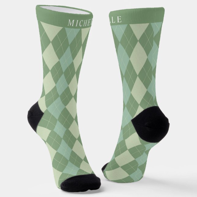Custom Light Dark Sage Green Argyle Pattern Socks (Angled)