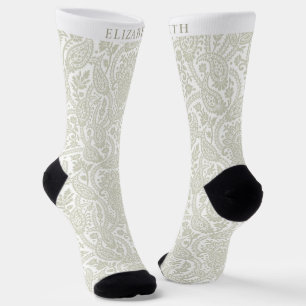 Custom Light Pastel Sage Green White Paisley  Socks