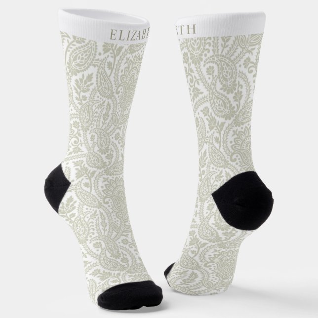 Custom Light Pastel Sage Green White Paisley  Socks (Angled)