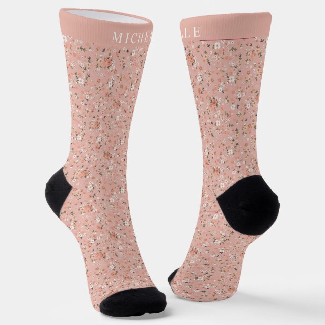 Custom Light Pink Floral White Flowers Pattern  Socks (Angled)