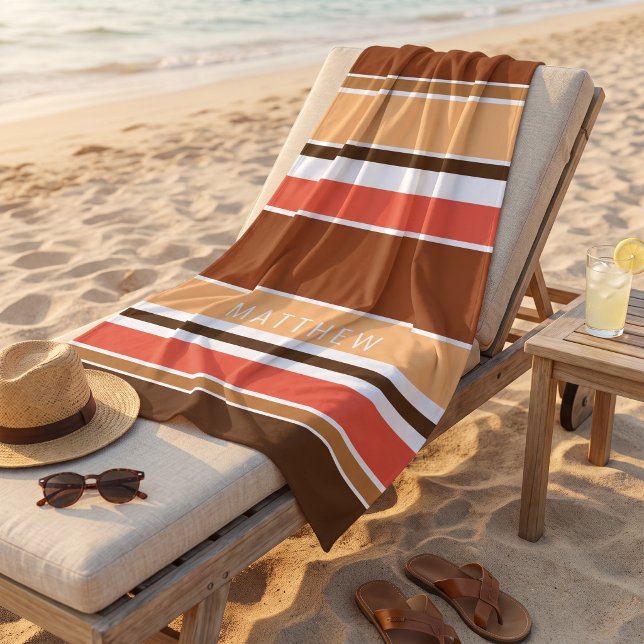 Custom Light Tan Coral Red Dark Brown Stripes Beach Towel (Creator Uploaded)