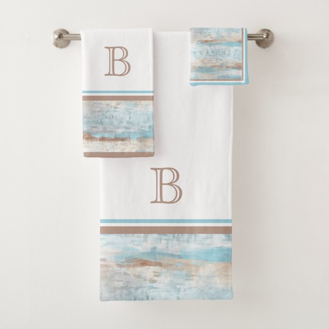 Custom Light Teal Aqua Blue Taupe White Stripes Bath Towel Set (Insitu)