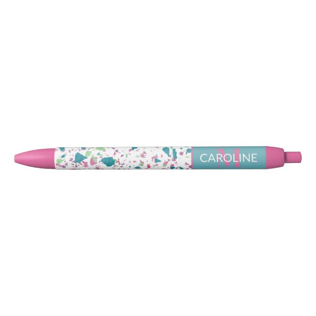 Custom Light Teal Blue Green Pink Violet Terrazzo Black Ink Pen (Front)