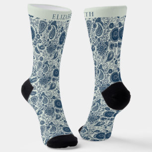 Custom Light Teal Sage Green Paisley Pattern Socks