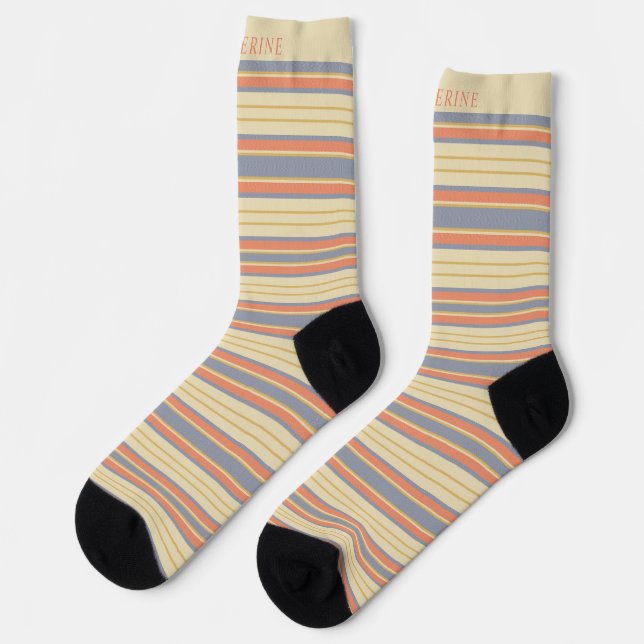 Custom Light Yellow Dark Orange Grey Stripes Socks (Left)