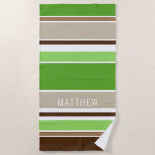 Custom Lime Green Dark Brown Taupe White Stripes Beach Towel