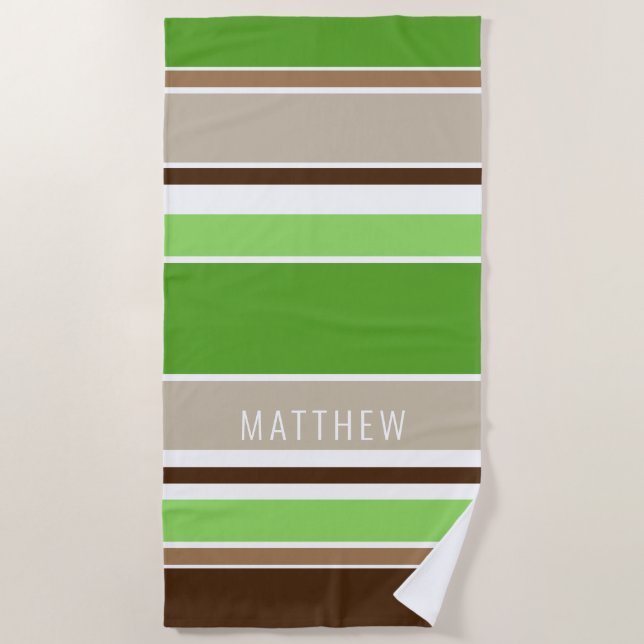 Custom Lime Green Dark Brown Taupe White Stripes Beach Towel (Front)