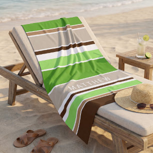 Custom Lime Green Dark Brown Taupe White Stripes Beach Towel